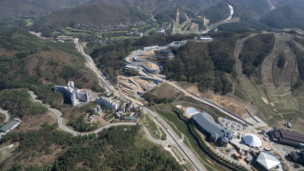 A general view of the Alpensia resort and under-construction bobsleigh venue for the 2018 Winter Olympic Games in Pyeongchang. Photo: Ed Jones/Getty Images