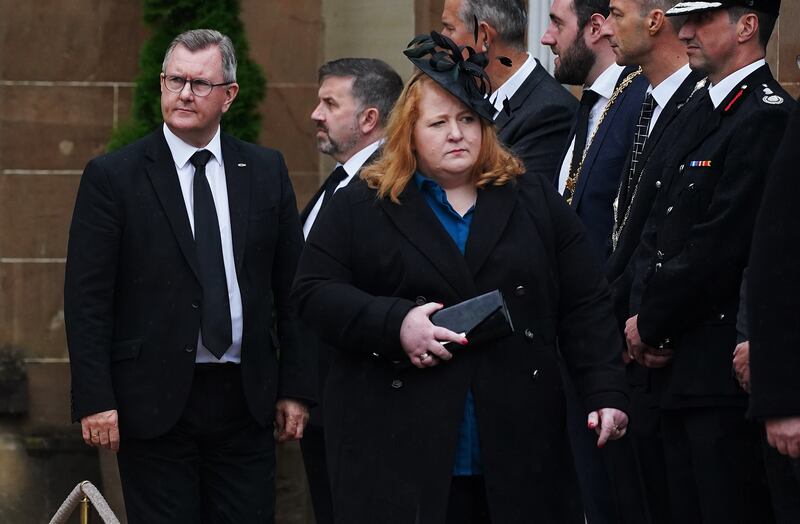 Naomi Long of the Alliance Party and DUP leader Jeffrey Donaldson during the Accession Proclamation Ceremony at Hillsborough Castle. Photograph: Brian Lawless / PA