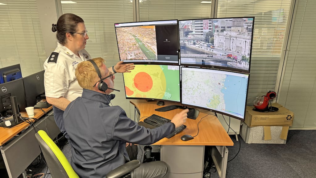 Teresa Hudson, of Dublin Fire Brigade, and Fearghus Foyle, of GeoAerospace, at the remote drone operator workstation