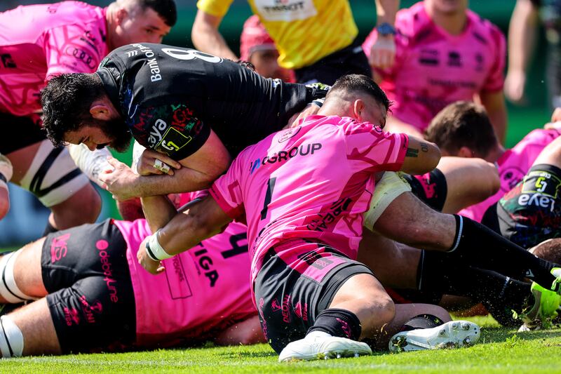 Connacht's Paul Boyle goes over for a try during the Challenge Cup quarter-final against Benetton at Stadio di Monigo in Treviso. Photograph: James Crombie/Inpho