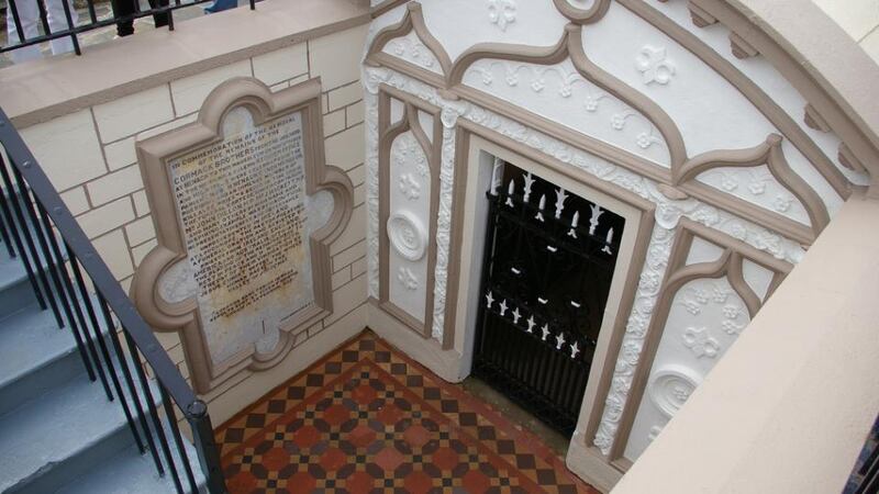 The mausoleum in Loughmore which contains the remains of the Cormack brothers – on the wall is an inscription proclaiming their innocence of the murder which they were convicted of
