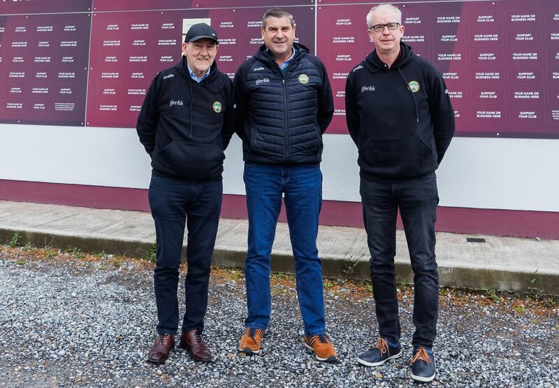 New joint Offaly managers Mickey Harte and Declan Kelly with Offaly County Board chairman Michael Duignan, centre. Photograph: James Crombie/Inpho