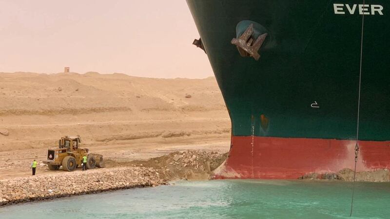 The Ever Given  vessel is lodged sideways and impeding all traffic across the waterway of Egypt’s Suez Canal. Photograph: Suez Canal/AFP/Getty Images