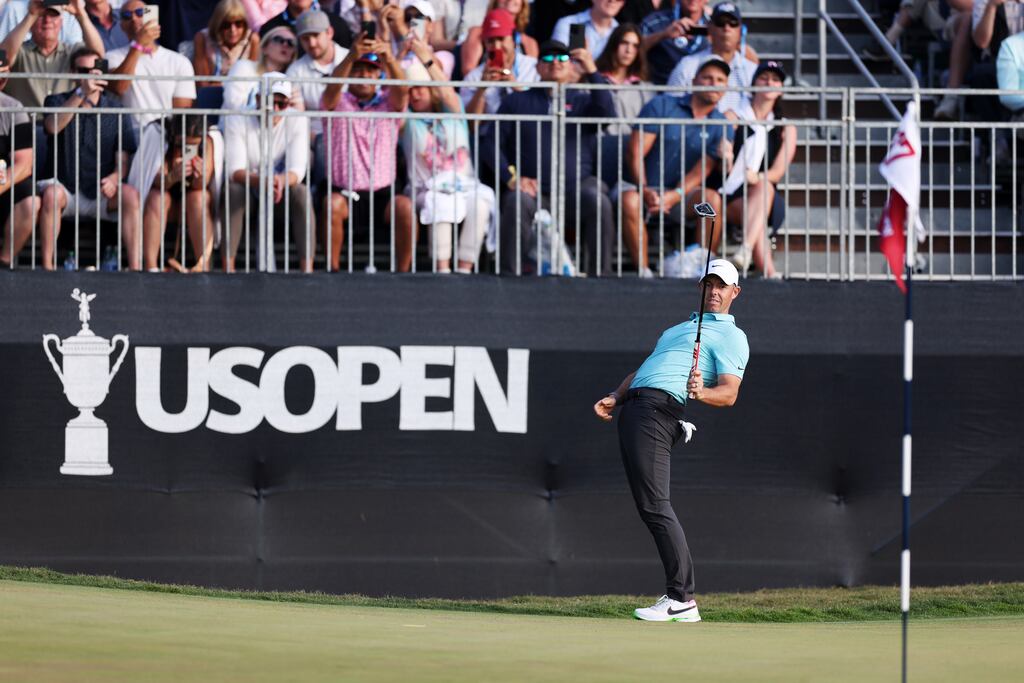 Rory McIlroy reacts to his putt on the 17th green during the final round of the 123rd US Open Championship at The Los Angeles Country Club. Photograph: Richard Heathcote/Getty Images
