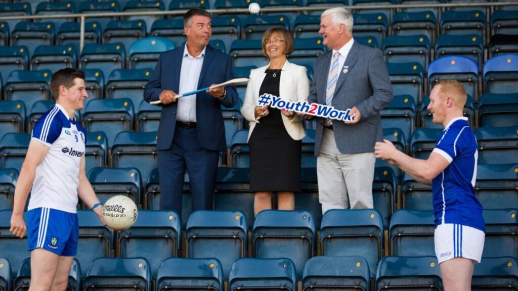 Monaghan intercounty footballer Darren Hughes (left) with chief executive of Fastrack to IT Peter Davitt; Microsoft managing director Cathriona Hallahan; GAA chief Aogán Ó Fearghail; and Cavan intercounty player Cian Mackey in Breffni Park, Cavan, at the launch of Youth2Work. Photograph: Naoise Culhane