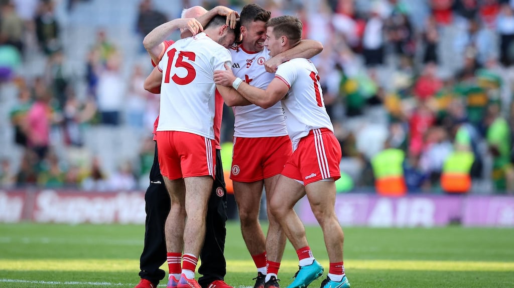 Tyrone’s Conor McKenna, Darren McCurry and Michael O’Neill celebrate after beating Kerry in the All-Ireland semi-finals. Photo: Ryan Byrne/Inpho