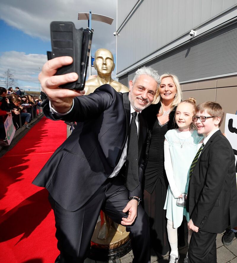 TV presenter Baz Ashmawy, Liz Collins (aunt), Claudia Scanlon (star) and cousin and co-star Daniel Collins. Photograph: Conor McCabe