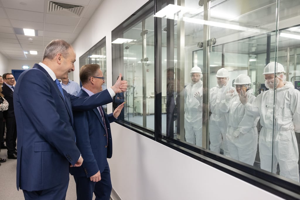 Taoiseach Micheál Martin and Mike McDermott, Pfizer’s chief global supply officer at the announcement of Pfizer's latest investment in the State. Photograph: Naoise Culhane