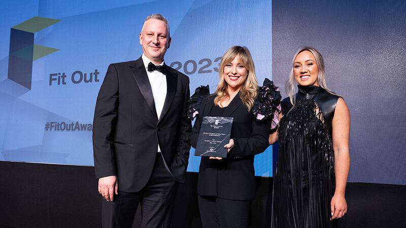 Richard Hemming, preconstruction director at Structure Tone, presents the fit out of the year – international award to Roisin Lafferty and Fiona Stone, Kingston Lafferty Design