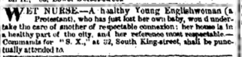 A classified ad in The Irish Times: a woman who has lost her baby offers to wet-nurse.