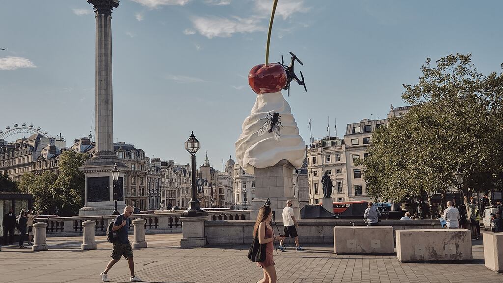 Heather Phillipson’s statue, The End, which was unveiled in Trafalgar Square, London, this July. The statue includes a working drone, which films the square below. Photograph: Tom Jamieson/The New York Times