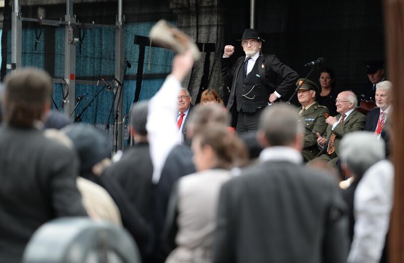 Jer O’ Leary, in character as Jim Larkin, giving a speech to dockers and Jacobs workers at a recreation of events at the State Commemoration of the 1913 Lockout on O’Connell Street, Dublin on August 31st, 2013 Photograph: Dara Mac Dónaill/The Irish Times