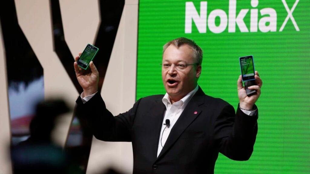 Nokia’s chief executive Stephen Elop holds up the Nokia X at its unveiling at the Mobile World Congress in Barcelona, February 24th, 2014. Photograph: Gustau Nacarino/Reuters