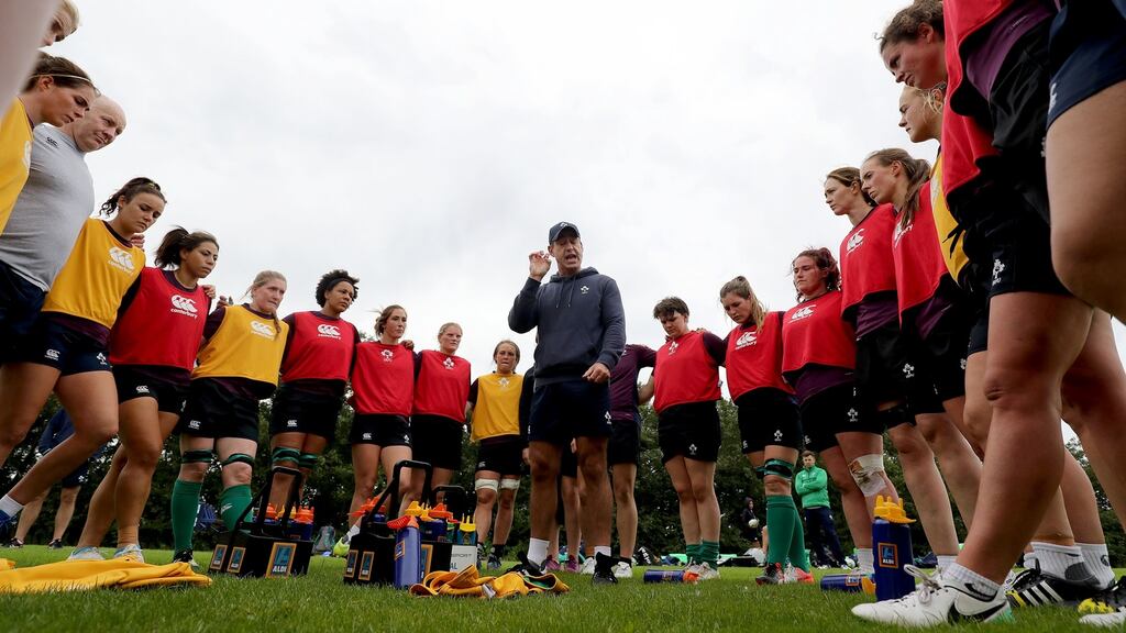 Ireland Women’s head coach Tom Tierney talks to his players during a training session in Belfast. Photograph: Dan Sheridan/Inpho