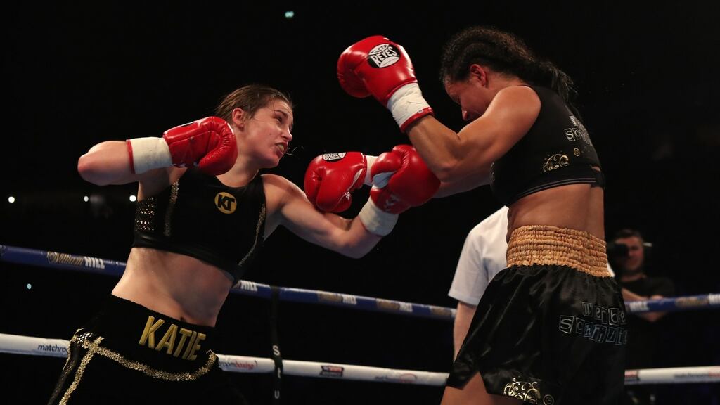 Ireland’s Katie Taylor  in action against Viviane Obenauf during their super-featherweight bout at the Manchester Arena. Photograph:  Peter Byrne/PA Wire