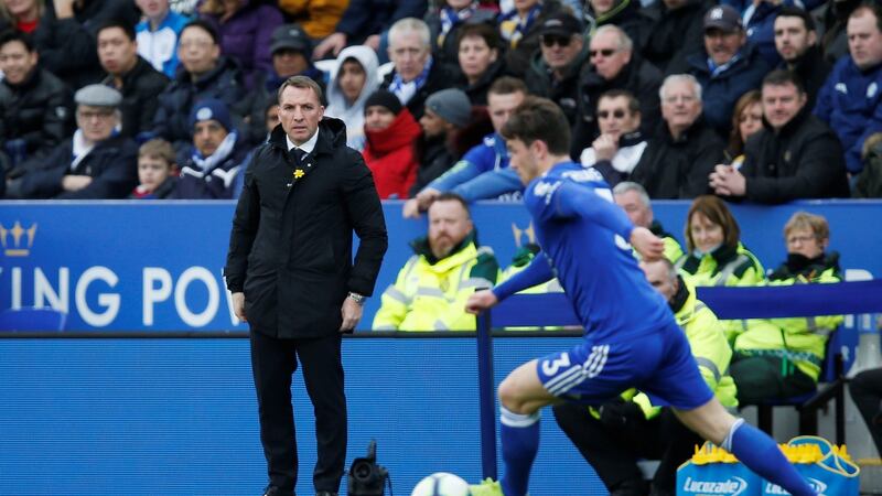 Leicester City’s Ben Chilwell in action as manager Brendan Rodgers looks on. Photograph: Andrew Yates/Reuters