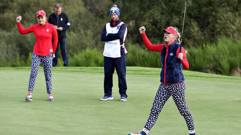 Jessica Korda celebrates after putting on the ninth green during the first day of the 2019 Solheim Cup at Gleneagles. Photograph: Jamie Squire/Getty Images