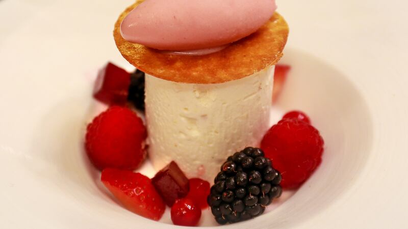 Burt honey nougat glacé with Clarke’s berries and strawberry juice