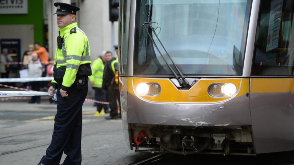 The scene of the Luas crash where a woman was killed last April on her way to work when she was hit by a car which had been struck by a Luas tram. Photograph: Dara Mac Dónaill / The Irish Times