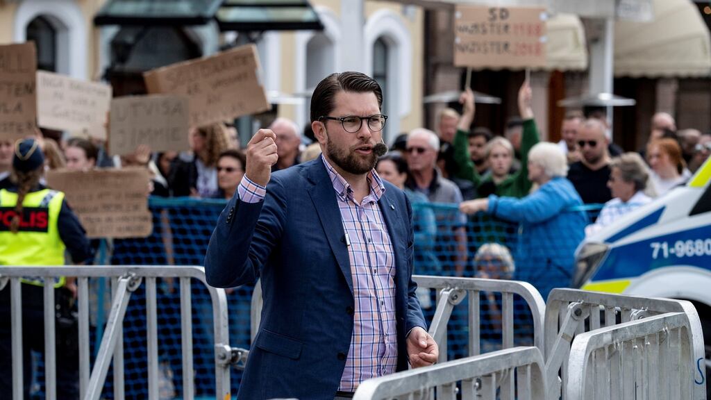 Sweden Democrats party leader Jimmie Akesson: With almost one million voters still undecided, no one is sure whether the SD can reverse a last-minute slide in support for an election-night surprise. Photograph: TT News Agency/Johan Nilsson