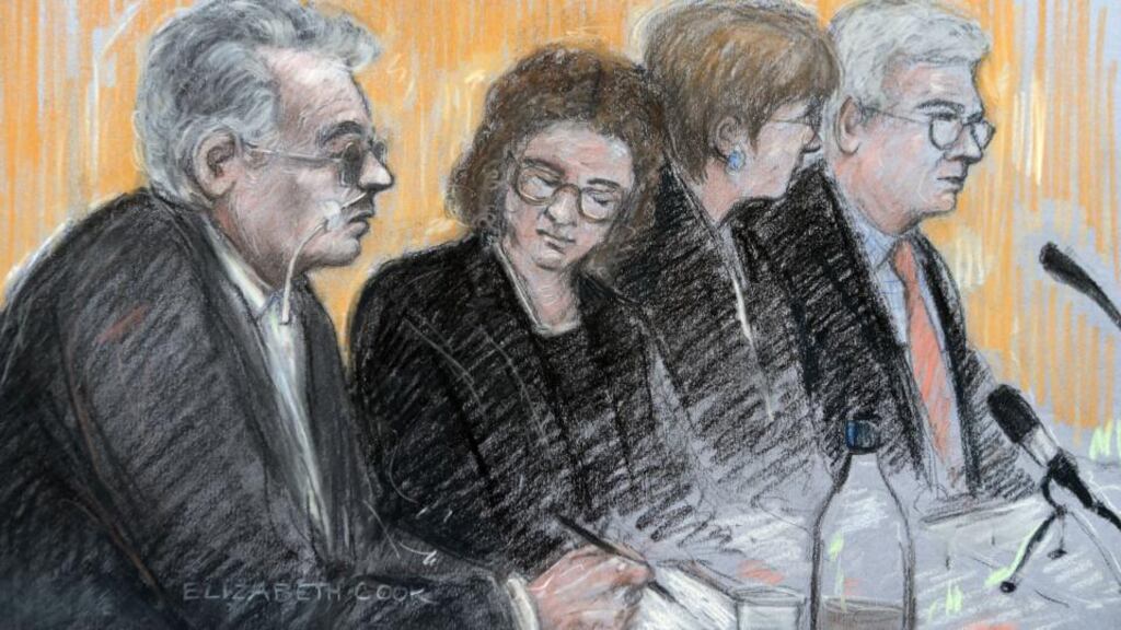 Court artist sketch by Elizabeth Cook of Moors murderer Ian Brady (left) at his mental health tribunal at Manchester Civil Justice Centre. Press Association