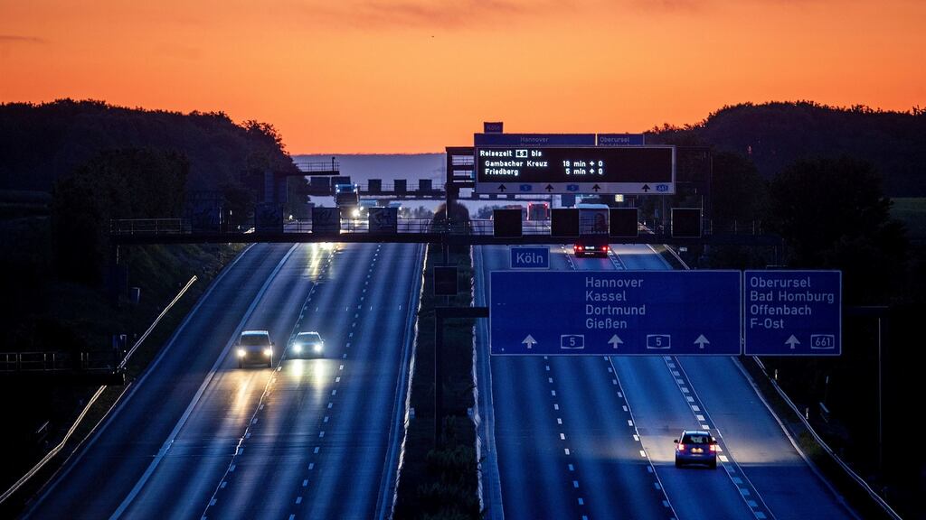 Cars and trucks are driven on a relatively empty highway in Frankfurt on Wednesday morning. Photograph: AP