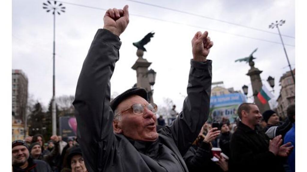 A man shouts slogans as people block the traffic during a protest against high electricity bills in Sofia. Photograph: Tsvetelina Belutova/Reuters.