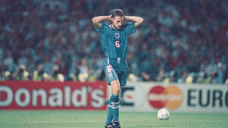 England’s Gareth Southgate reacts after missing his penalty during the penalty shoot-out with Germany at the European Championships semi-finals in Wembley on June 26th, 1996. Photograph: Stu Forster/Allsport/Getty Images