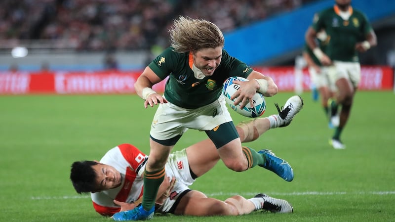 South Africa’s Faf de Klerk scores his side’s crucial second try against Japan. Photograph: Adam Davy/PA