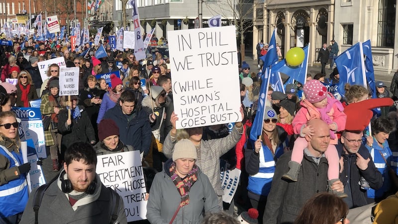People attend a rally in support of striking nurses in Dublin city centre on Saturday. Photograph: Alan Betson