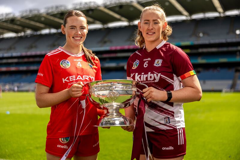 Cork's Meabh Cahalane with Galway’s Áine Keane at Croke Park ahead of Sundays All-Ireland final. Photograph: Morgan Treacy/Inpho