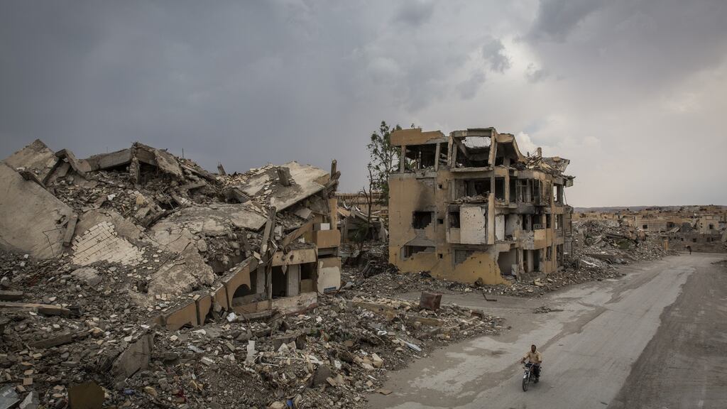Ruins in the Syrian city of Raqqa, where the Islamic State group ruled from for three years before being driven out. Photograph: Ivor Prickett/The New York Times