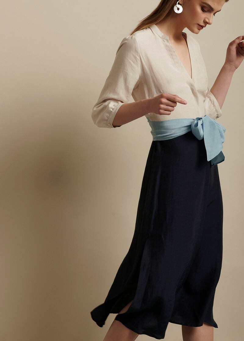 Navy and ivory colourblock dress tied with blue silk, €164.99. Photograph: Alex Hutchinson