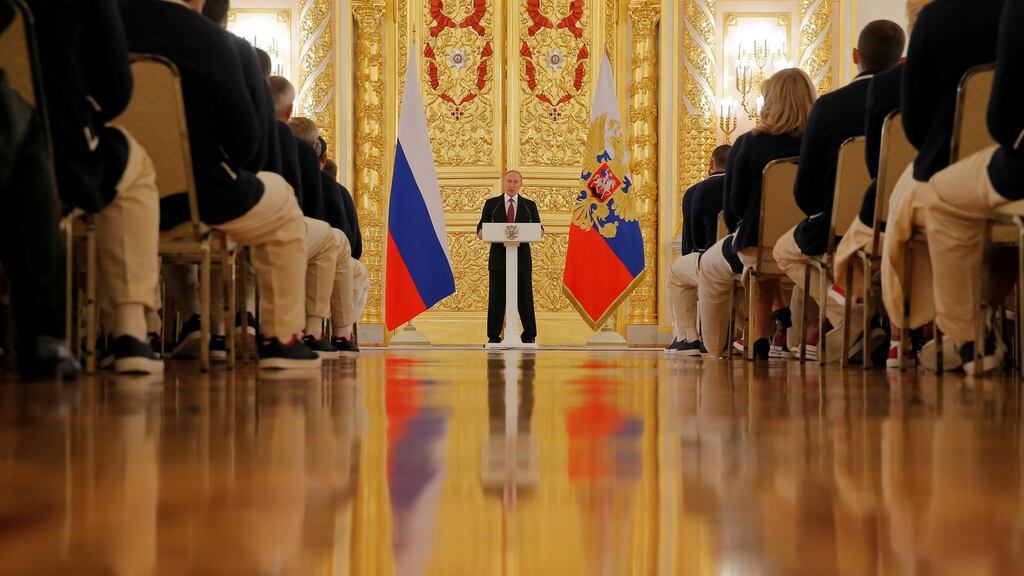 Russia’s president Vladimir Putin speaks during a send-off for members of the Russian Olympic team at the Kremlin ion Wednesday. Mr Putin visits Slovenia on Saturday. Photograph: Maxim Shemetov/Reuters