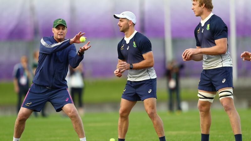 South Africa head coach Rassie Erasmus with Willie Le Roux and Pieter-Steph Du Toit at a Springboks training session in Fuchu, Japan on Wednesday. Photograph: Michael Steele/Getty Images