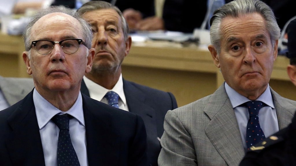 Rodrigo Rato (left) next to former Caja Madrid chairman Miguel Blesa during the trial of more than 60 executives and former board members accused of illegally spending €12 million. Photograph: Reuters