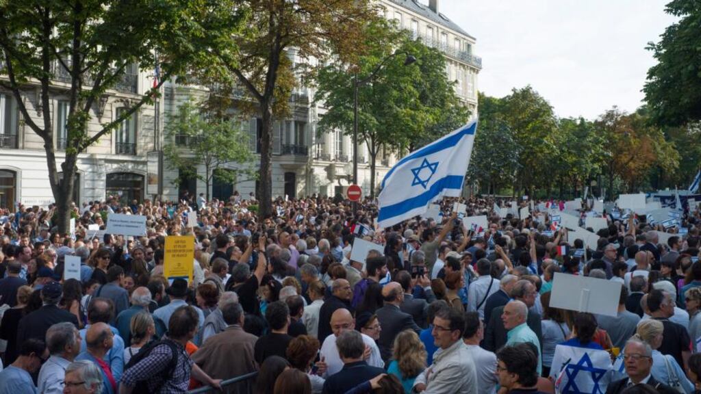Thousands of people gather in the streets during a pro-Israel rally by the Israeli Embassy in Paris last week. Photograph: EPA/Yoan Valat