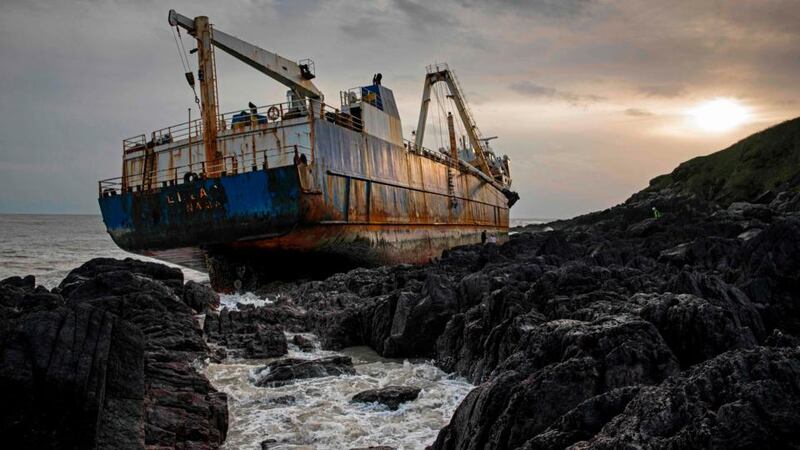 The ship was washed ashore in high seas caused by Storm Dennis. Photograph: Cathal Noonan/AFP via Getty