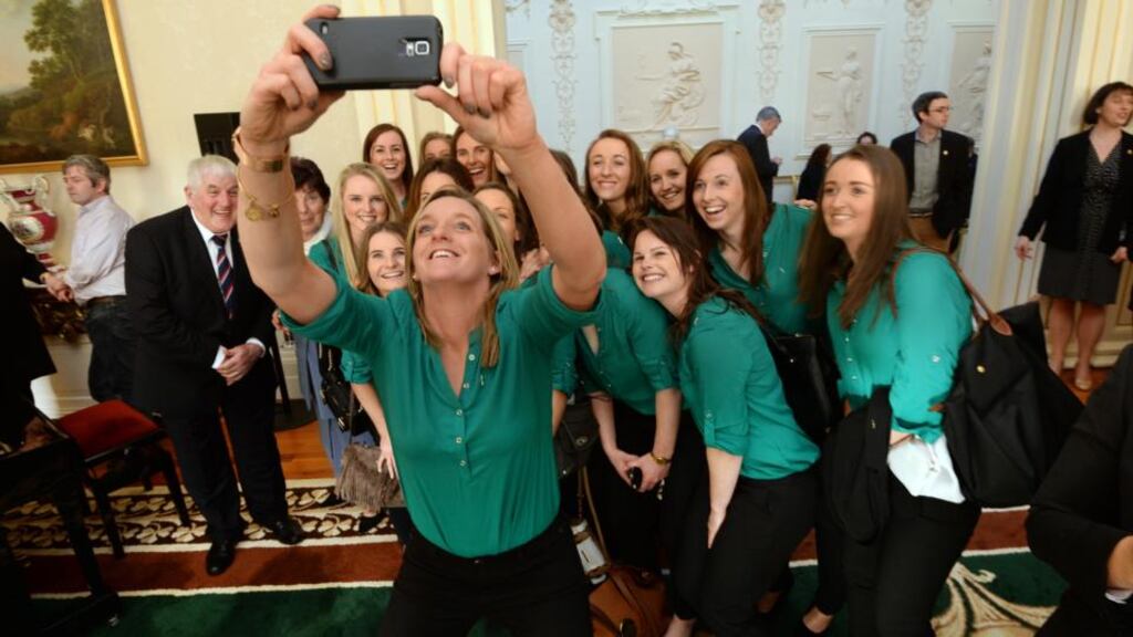 Members of the Irish Women’s Hockey team pictured at Áras an Uachtaráin where they met President Micheal D Higgins and his wife Sabina to celebrate International Women’s Day. Photograph: Cyril Byrne/THE IRISH TIMES