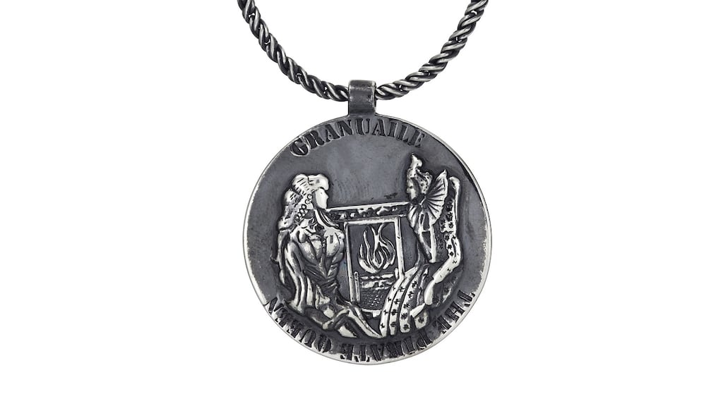 From Jennifer Kinnear’s Grace O’Malley collection: a pendant depicting the fireside meeting between Grace O Malley and Queen Elizabeth 1