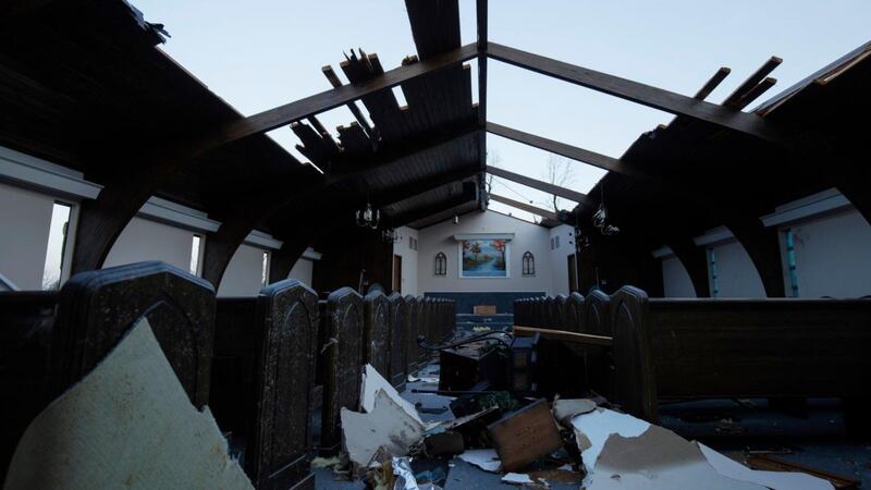 Interior view of tornado damage to Emmanuel Baptist Church on December 11, 2021 in Mayfield, Kentucky. Photograph: Brett Carlsen/Getty Images