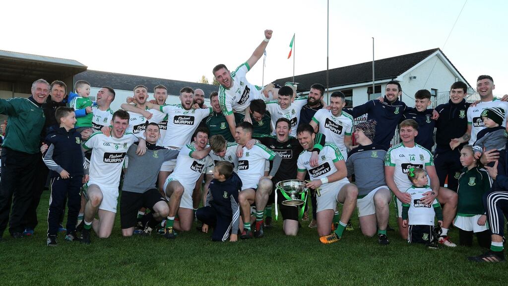 The Moorefield team celebrate their victory in the Kildare county final. Photograph: Lorraine O’Sullivan/Inpho
