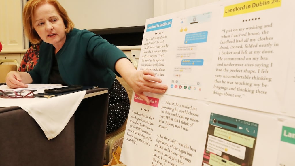 Ruth Coppinger points to screen shots of text messages during a press conference at Buswells Hotel in Dublin discussing landlord and tenant relationships prior to her raising the issue again in the Dáil. Photograph: Niall Carson/PA Wire