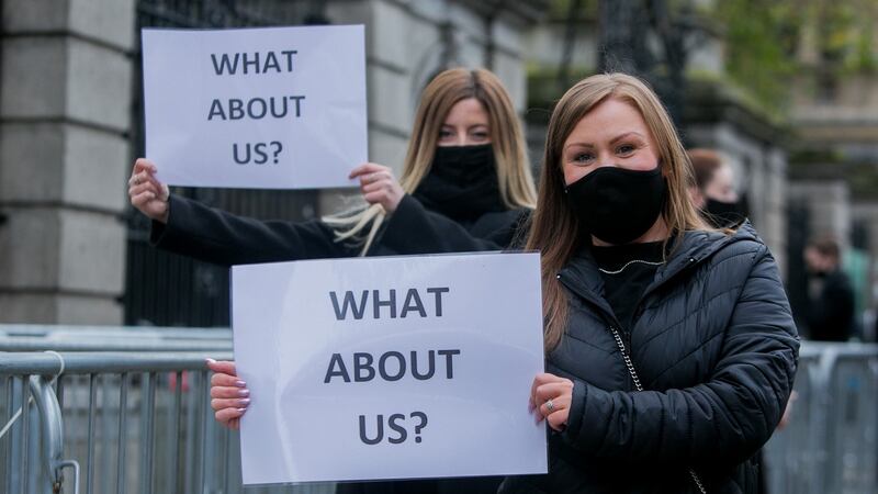 Amy Traynor, from First Point Ballet Turn & Dance Donabate/Rush, and Lisa McGrath, from Dizzy Footwork Dance Academy in Tallaght, during a protest outside Leinster House, Dublin. Photograph: Gareth Chaney/Collins