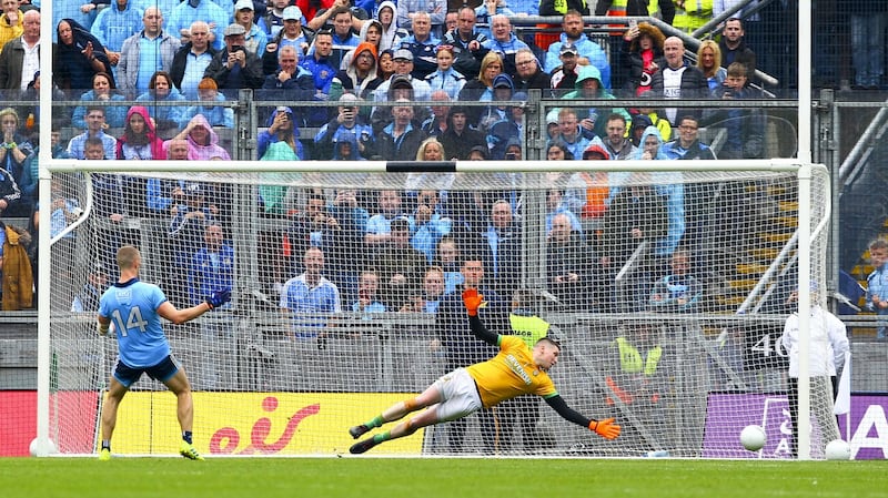 Paul Mannion misses a first half penalty during Dublin’s win over Meath. Photograph: Ken Sutton/Inpho