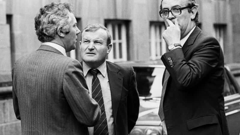 Fianna Fáil press secretary, Tony Fitzpatrick; the Taoiseach’ s brother, Mr ‘Jock’ Haughey and PJ Mara outside Goverment Buildings in 1982. File photograph: Jimmy McCormack/The Irish Times