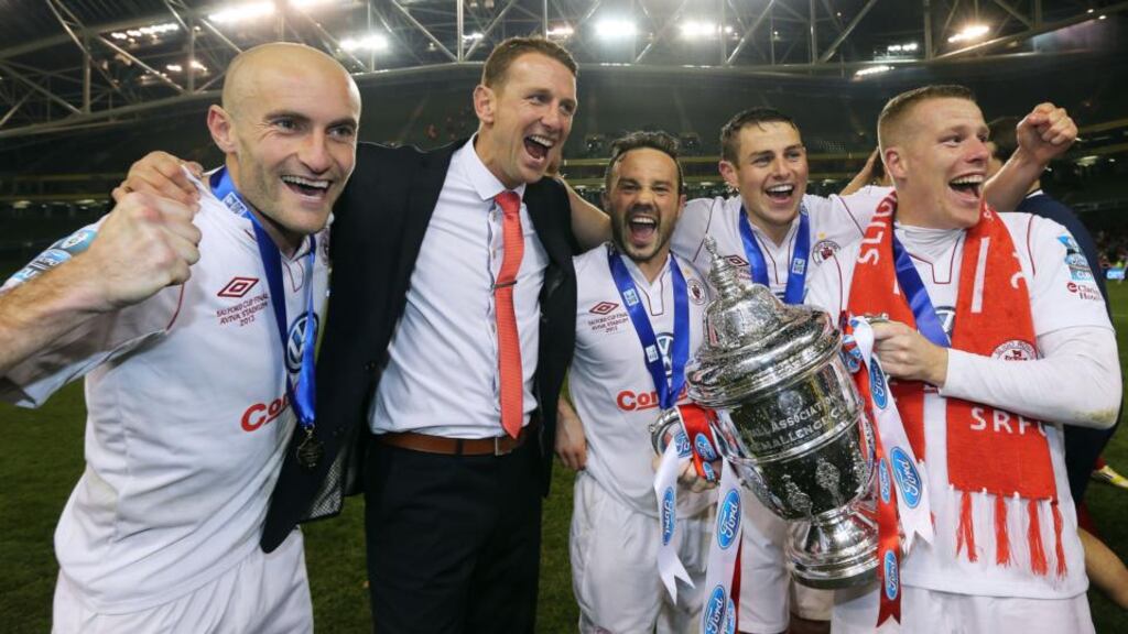Sligo Rovers’ Alan Keane, manager Ian Baraclough, Raffaele Cretaro, Danny Ventre and Danny North celebrate winning the FAI Cup at the Aviva Stadium on Sunday. Photograph: Cathal Noonan/Inpho
