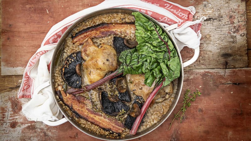 Baked duck with barley, sherry and field mushrooms. Photograph: Harry Weir