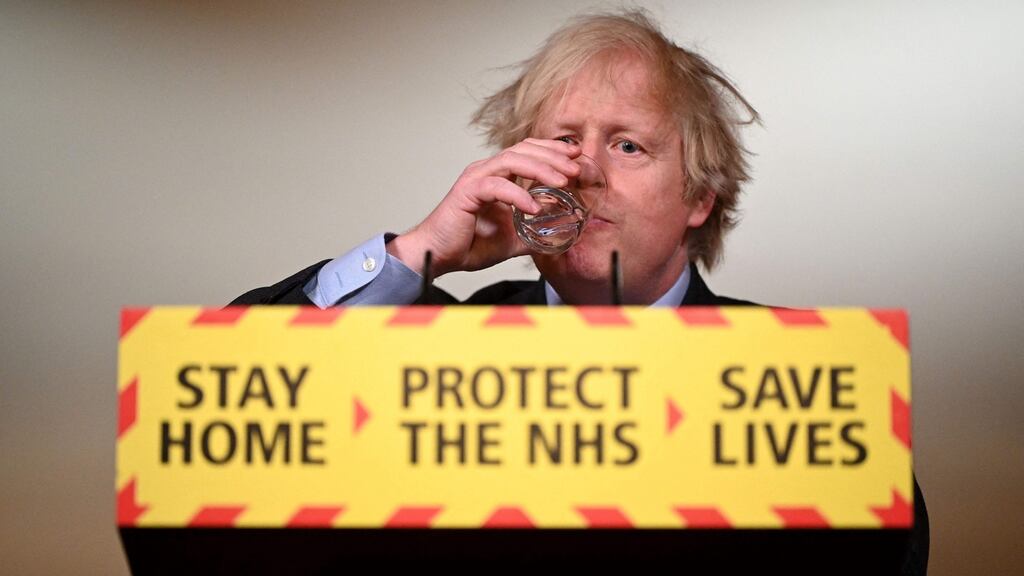 Britain’s prime minister Boris Johnson at a virtual press conference on Monday evening. Photograph: Leon Neal/POOL/AFP via Getty Images