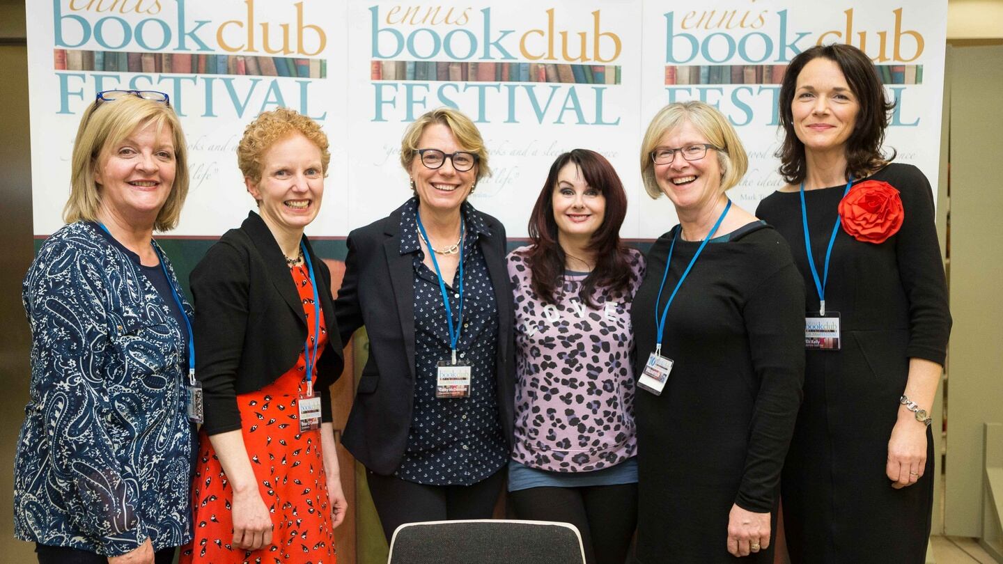 Organisers Mary Kenneally, Emer O’Connell, Cathy McDermott, Mary Donnelly and Liz Kelly) with author Marian Keyes at the 10th anniversary Ennis Book Club Festival. Photograph: Eamon Ward